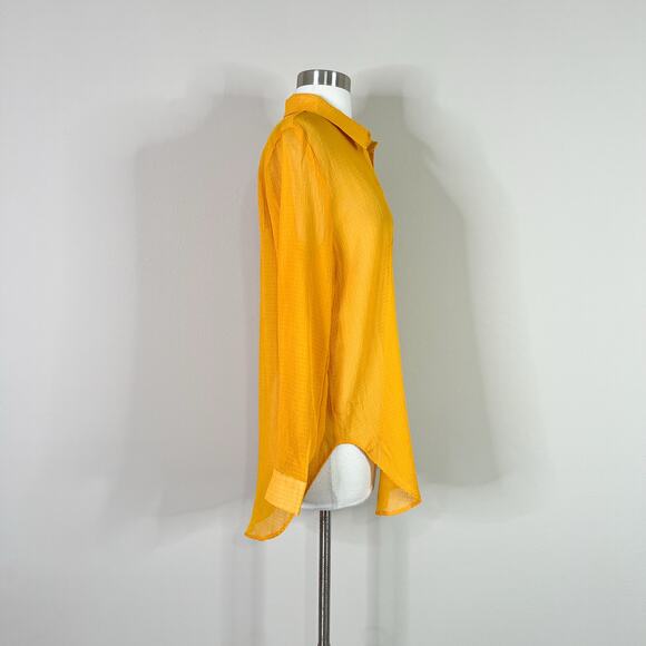 NEW Lisa Says Gah | Shirred Mustard Yellow Solid Sheer Flower Button Button Top - Picture 5 of 10